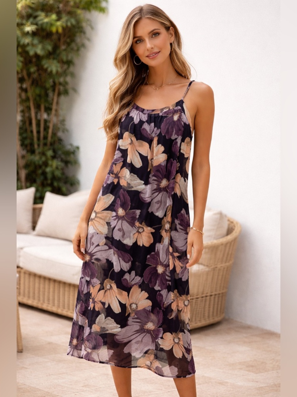 TCEC Black Floral Midi Dress with Beige & Purple Blossoms
